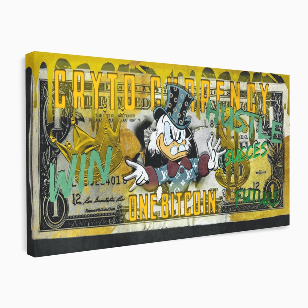 Tablou canvas cu tablou canvas cu donald duck si bitcoin, fara rama, pe sasiu de lemn